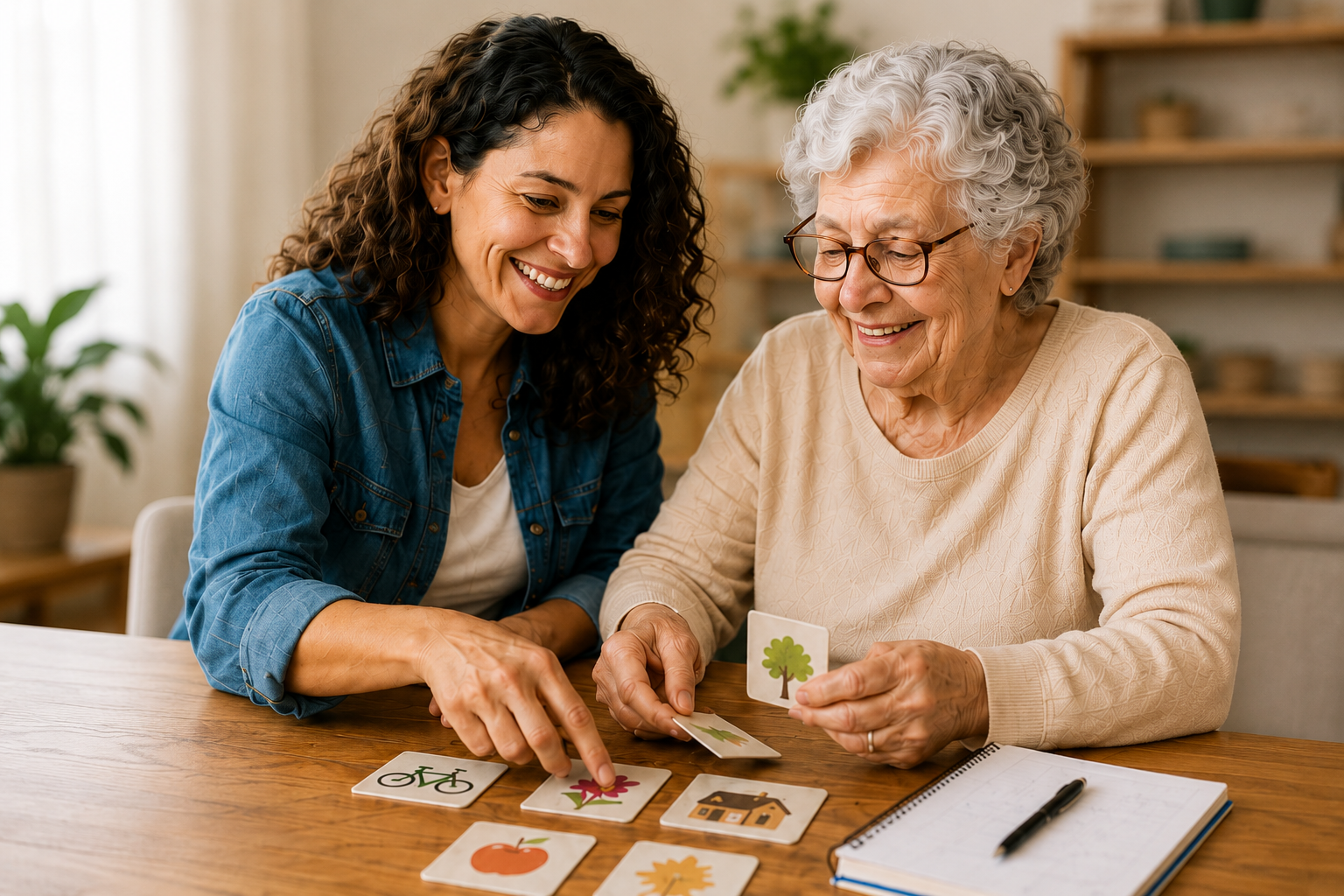 Cuidadora realizando atividade cognitiva com uma pessoa idosa